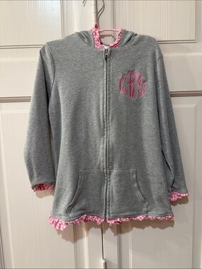 Girls' Grey Zip Hoodie with Pink Trim and Monogram